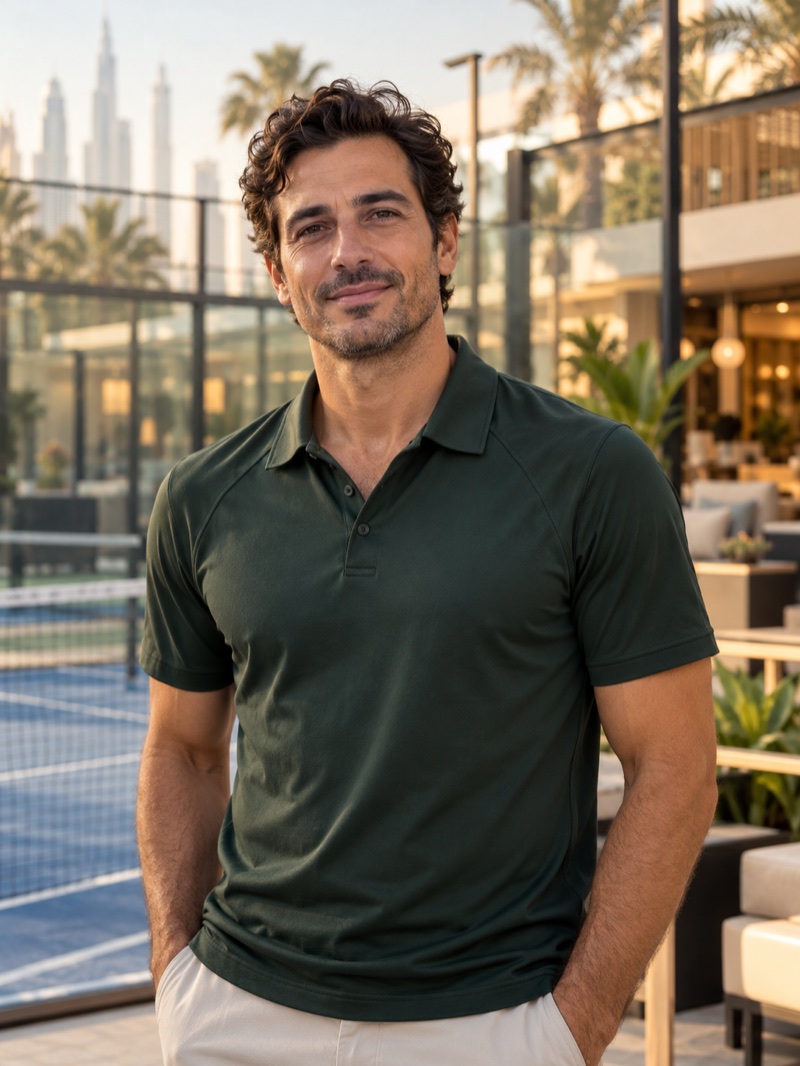 AI-generated portrait of fictional founder Alex Mercer at a padel club