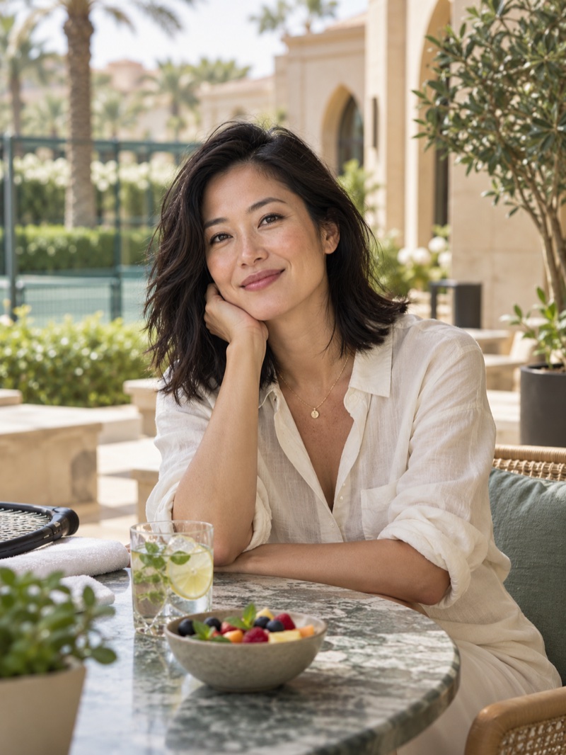 AI-generated portrait of fictional entrepreneur Maya Chen at a clubhouse café