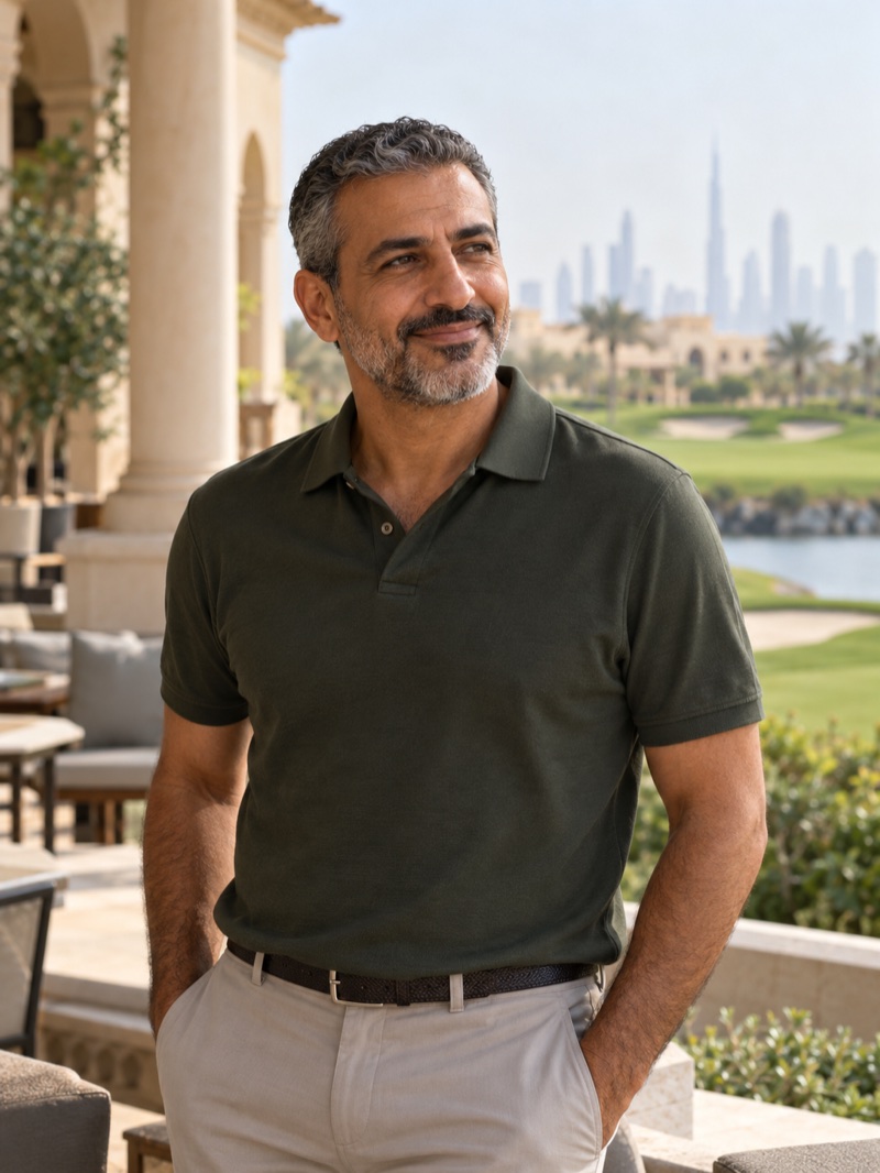 AI-generated portrait of fictional investor Samir Haddad overlooking a golf course
